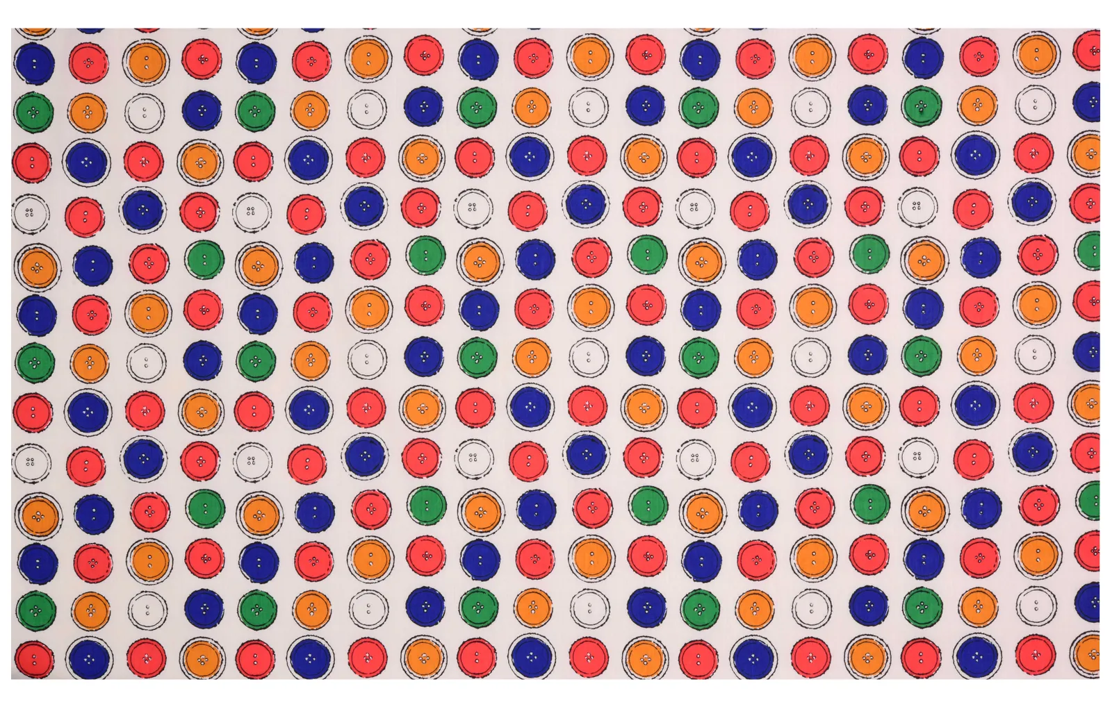 A button pattern textile by Andy Warhol; multicoloured colourway by Leon Rosenblatt. © The Andy Warhol Foundation for the Visual Arts, Inc; DACS, London